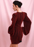 Lantern-sleeved dark red leopard mini dress