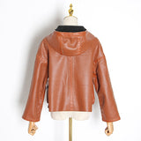 Hollow-out hooded faux leather jacket