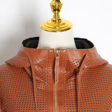 Hollow-out hooded faux leather jacket