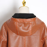 Hollow-out hooded faux leather jacket
