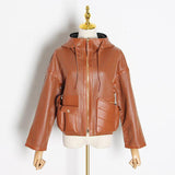 Hollow-out hooded faux leather jacket