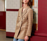 Double-breasted plaid long blazer