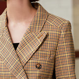 Double-breasted plaid long blazer
