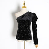 One-sleeve velvet embellished top