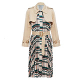 Pacthwork belted pleated trench coat
