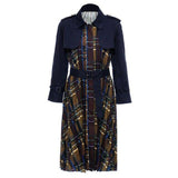 Pacthwork belted pleated trench coat