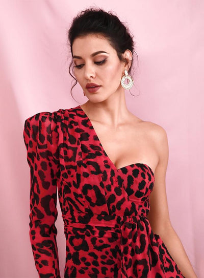 RED LEOPARD one-sleeve mini dress