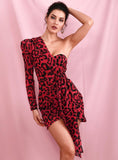 RED LEOPARD one-sleeve mini dress