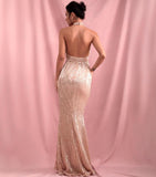 CHAMPAGNE halter sequinned slit gown