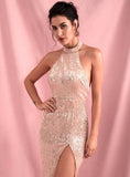 CHAMPAGNE halter sequinned slit gown