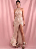 CHAMPAGNE halter sequinned slit gown