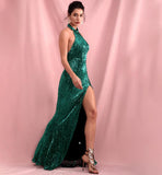 EMERALD halter slit gown