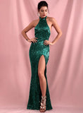 EMERALD halter slit gown