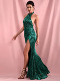 EMERALD halter slit gown