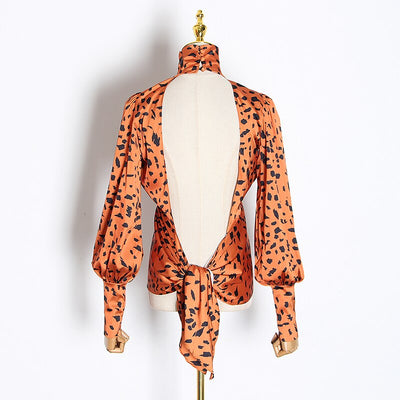 Turtleneck backless satin blouse