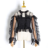 Ruffled mesh O-Neck blouse in colors