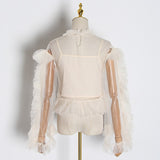 Ruffled mesh O-Neck blouse in colors