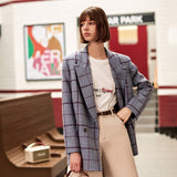 Asymmetric oversize plaid long blazer