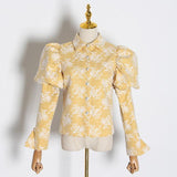Puff-sleeve floral embroidered blouse