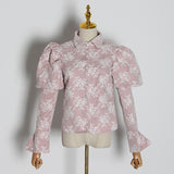 Puff-sleeve floral embroidered blouse