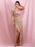 DIVA one-sleeve slit gown in champagne