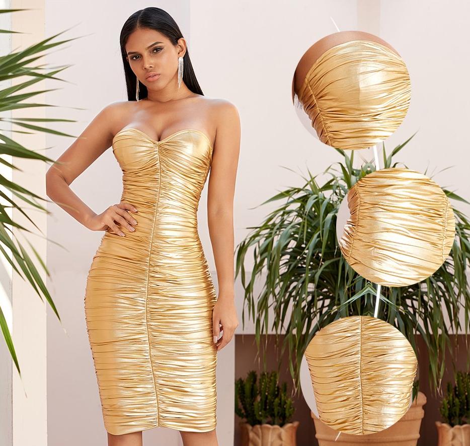 Strapless ruched golden dress