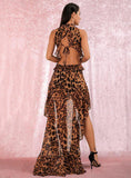 Hollow-out chiffon halter leopard gown