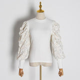 Lantern-sleeve lace sweater