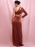 Lurex terracotta slit gown