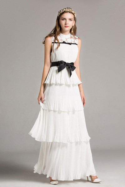 ROBIN cascade ruffled pleated gown in white