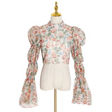 Ruched flare-sleeve floral crop top