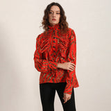 Stand-collar ruffled blouse in red