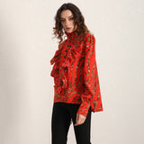 Stand-collar ruffled blouse in red