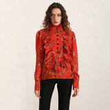 Stand-collar ruffled blouse in red