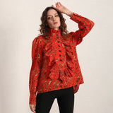 Stand-collar ruffled blouse in red