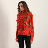 Stand-collar ruffled blouse in red