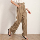 Belted wide-leg beige pants