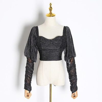 Lantern-sleeve lurex crop top