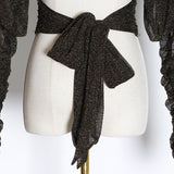Lantern-sleeve lurex crop top