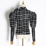 Puff-sleeve bowknot plaid blouse