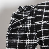 Puff-sleeve bowknot plaid blouse