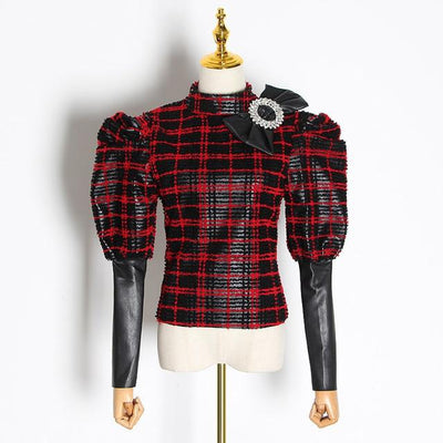 Puff-sleeve bowknot plaid blouse