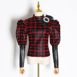 Puff-sleeve bowknot plaid blouse