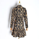 DAYANA Vintage Print Ruffles O Neck Puff Long Sleeve Dress