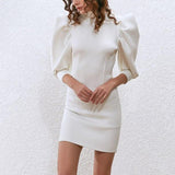 TASHA turtleneck puff-sleeve dress in white