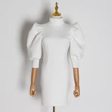 TASHA turtleneck puff-sleeve dress in white