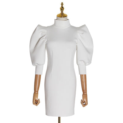 TASHA turtleneck puff-sleeve dress in white