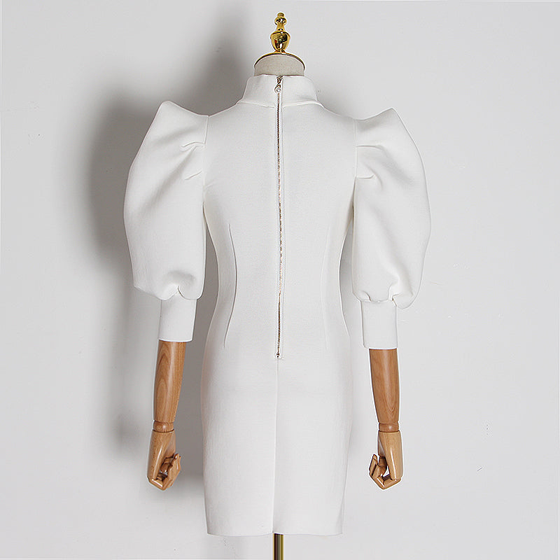 TASHA turtleneck puff-sleeve dress in white