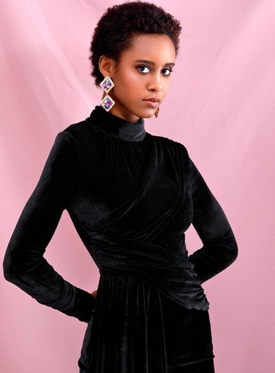 Turtleneck velvet dress with trail