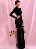 Turtleneck velvet dress with trail